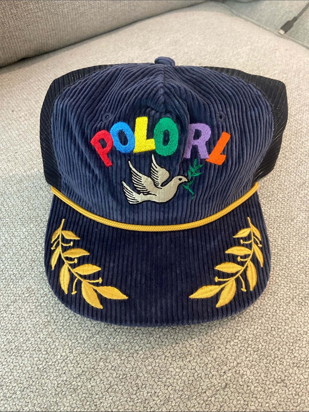 Polo by Ralph Lauren Navy Corduroy Snapback Cap with Embroidered Dove